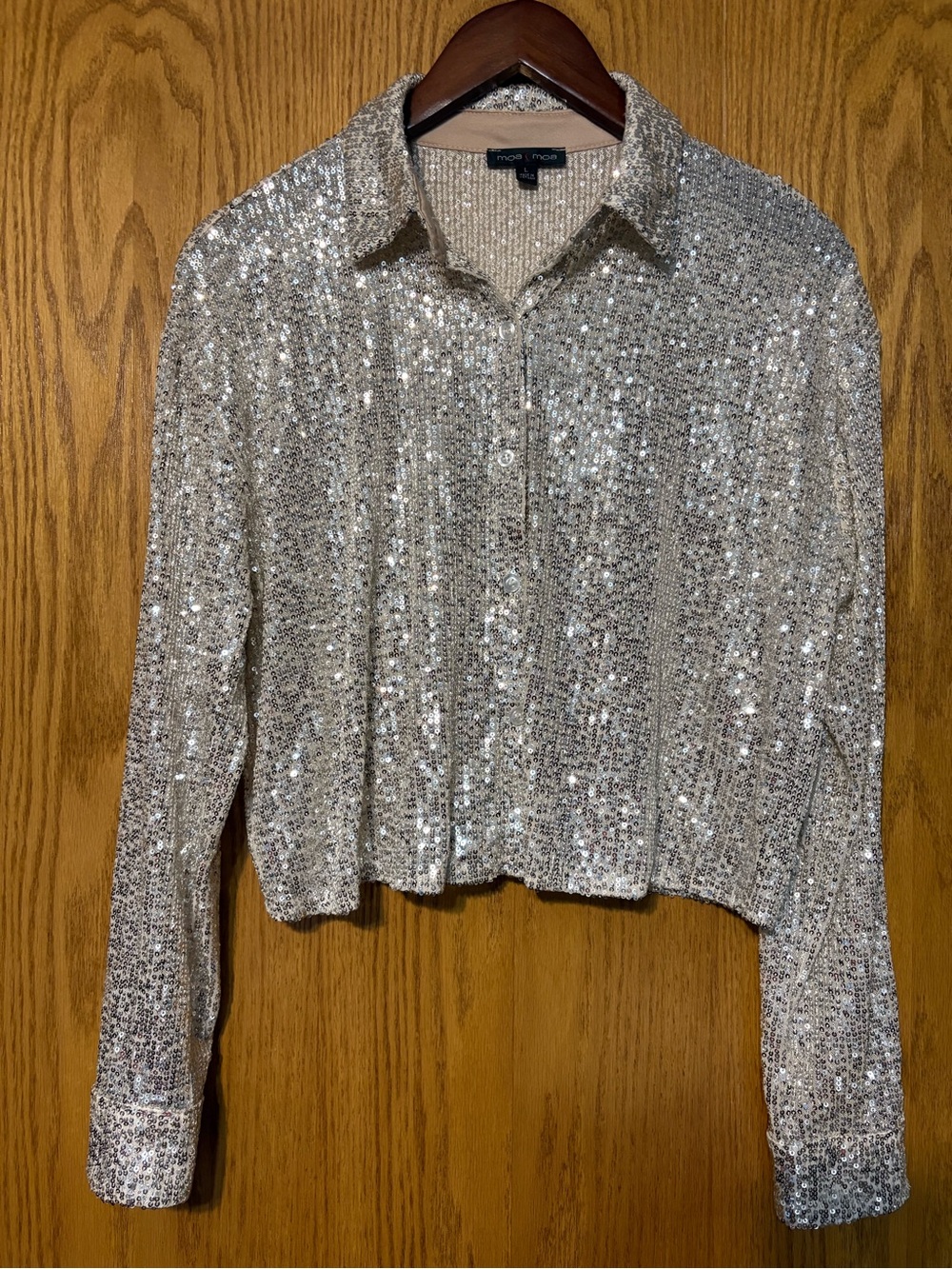 Moa Moa Silver Sequin Cropped Button-Up Blouse